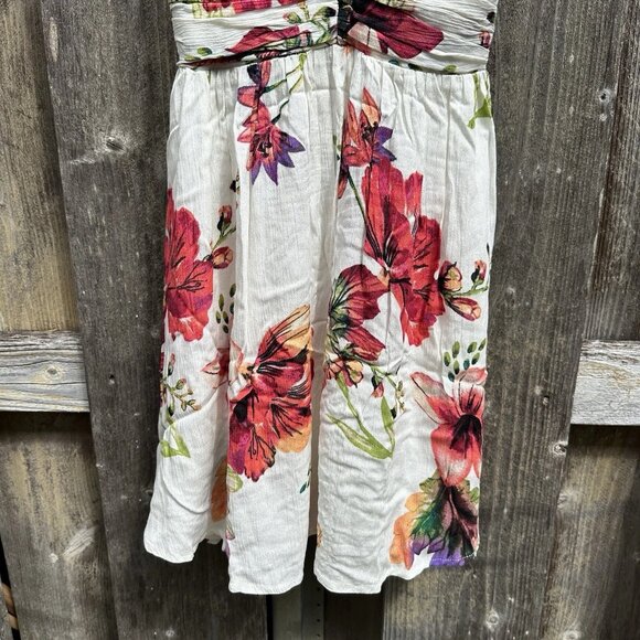 Womens Boho Floral Mini Dress Small White Deep V Neck Lace Straps - Picture 4 of 13